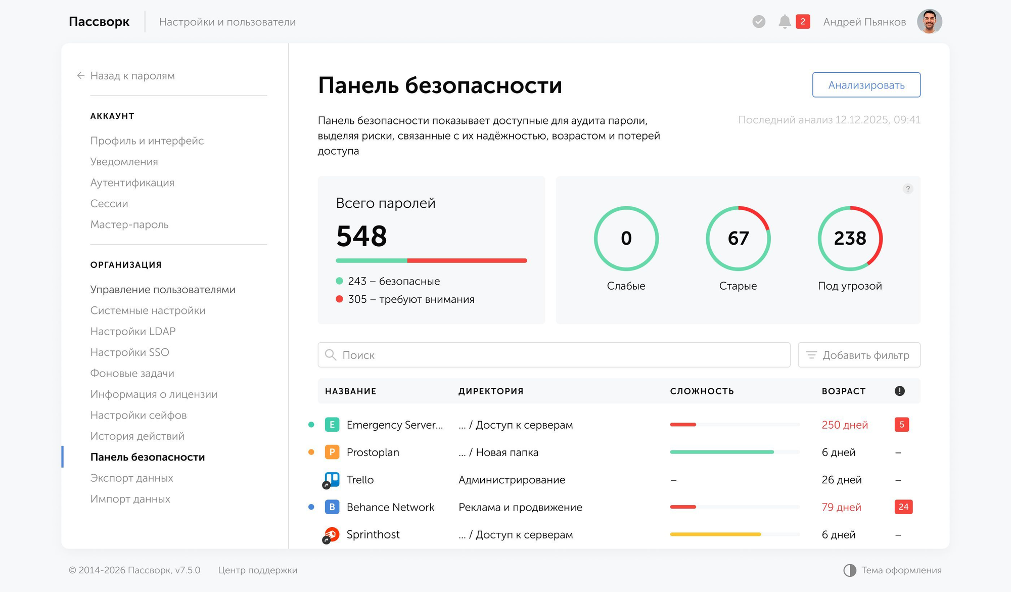 Панель безопасности Пассворка